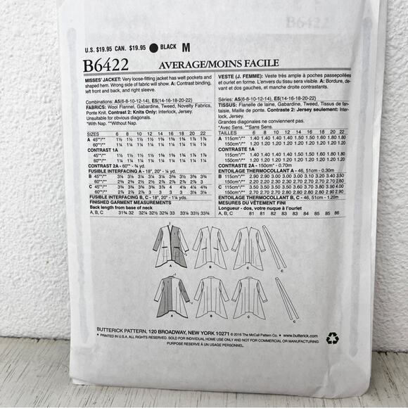 Butterick B6422 Women's Jacket Pattern Uncut - Picture 4 of 6